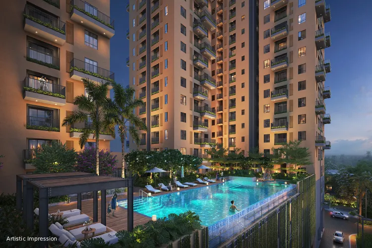 Swimming pool with apartment towers